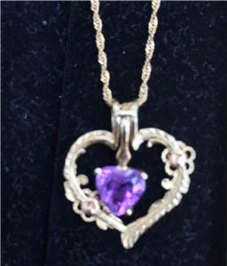 14K Yellow Gold Necklace Heart Shaped w/ Large Amethyst Gemstone Vintage Estate